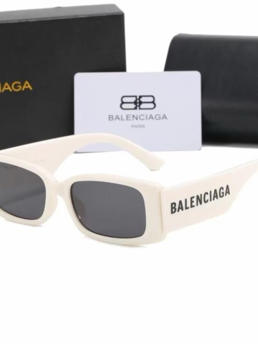 Balenciaga Cream Frame Black Lens Logo Temple Sunglasses